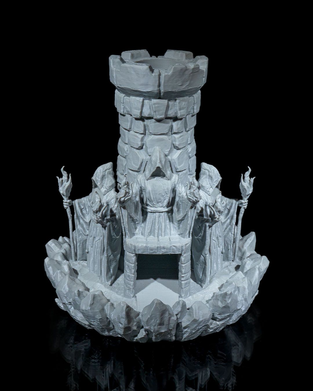 Mad Wizard Dice Tower with a stone structure surrounded by robed mages holding staffs, ideal for adding a magical element to tabletop RPG games like D&D and Pathfinder.