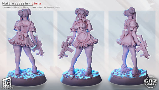Maid Assassin Liora miniature collage showing front, back, and side views