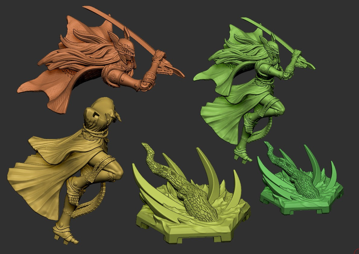 Malenia inspired miniature separate parts view showing torso, cape, armored limbs, curved blade, and thorn-base with tree trunk detail; modular fantasy model compatible with D&D and other tabletop RPGs.