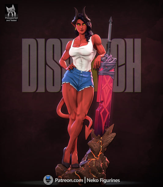 Malevola Dispatch demon girl full-color render standing poolside pose with horns, tail, tank top, shorts, leaning on oversized sword embedded in rocky base, 1:7 scale collectible figure.
