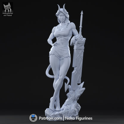 Malevola Dispatch demon girl grayscale full-figure front pose with horns, tail, tank top, shorts, leaning on sword with rocky base, 1:7 scale collectible statue.