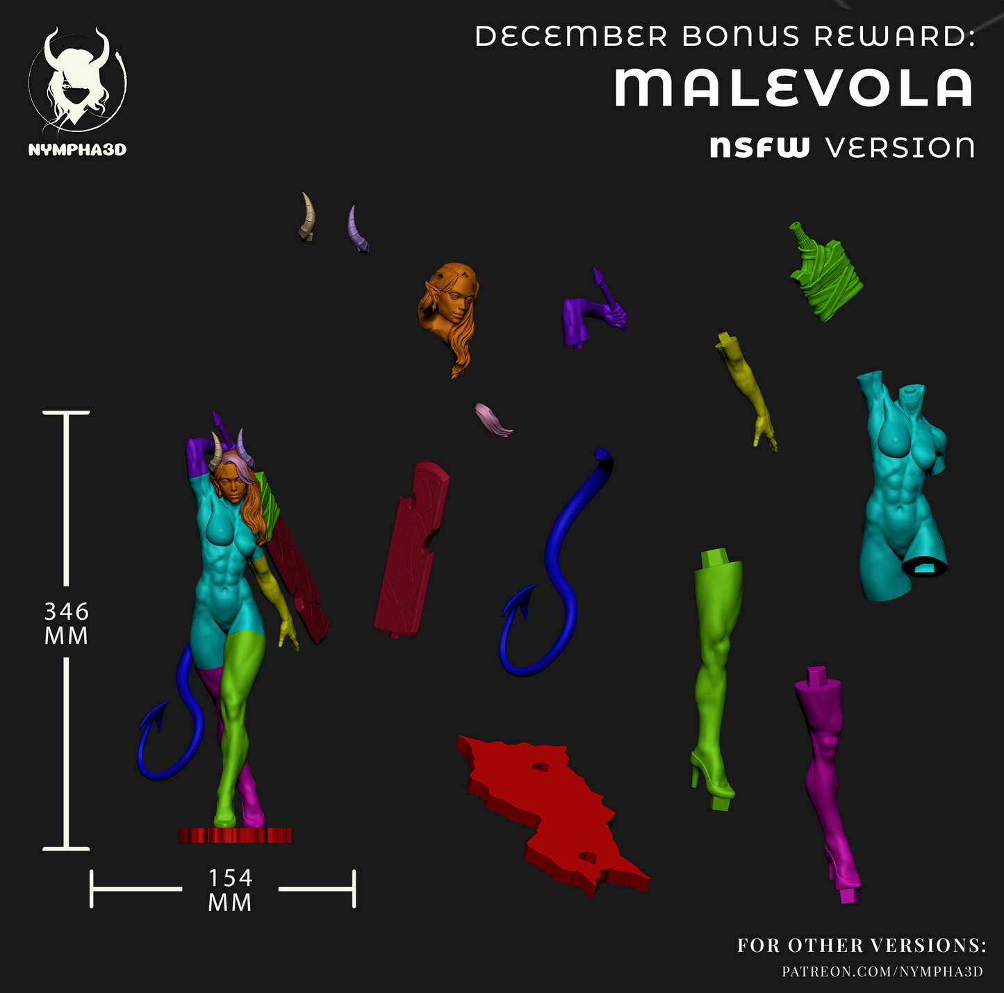 Malevola Dispatch NSFW version parts layout 3D print figure, nude half-demoness body options, separate horns head arms legs tail sword base pieces, height 346mm width 154mm scale reference