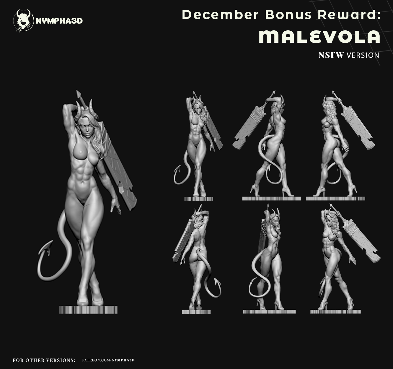 Malevola Dispatch NSFW version 3D print figure multi-angle view collage, nude half-demoness pinup pose with sword on shoulder, horned demon girl tail heels, front side back angles