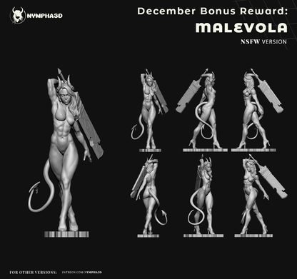 Malevola Dispatch NSFW version 3D print figure multi-angle view collage, nude half-demoness pinup pose with sword on shoulder, horned demon girl tail heels, front side back angles