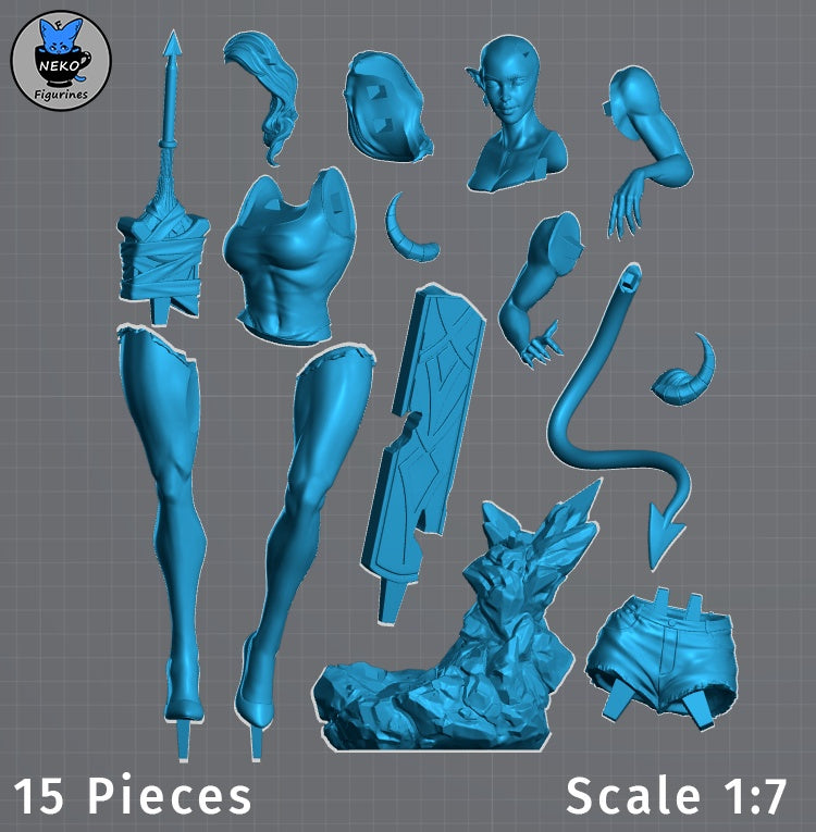 Malevola Dispatch demon girl 15-piece assembly layout including head, torso, arms, legs, horns, tail, sword, rocky base, and clothing components for 1:7 scale collectible figure.