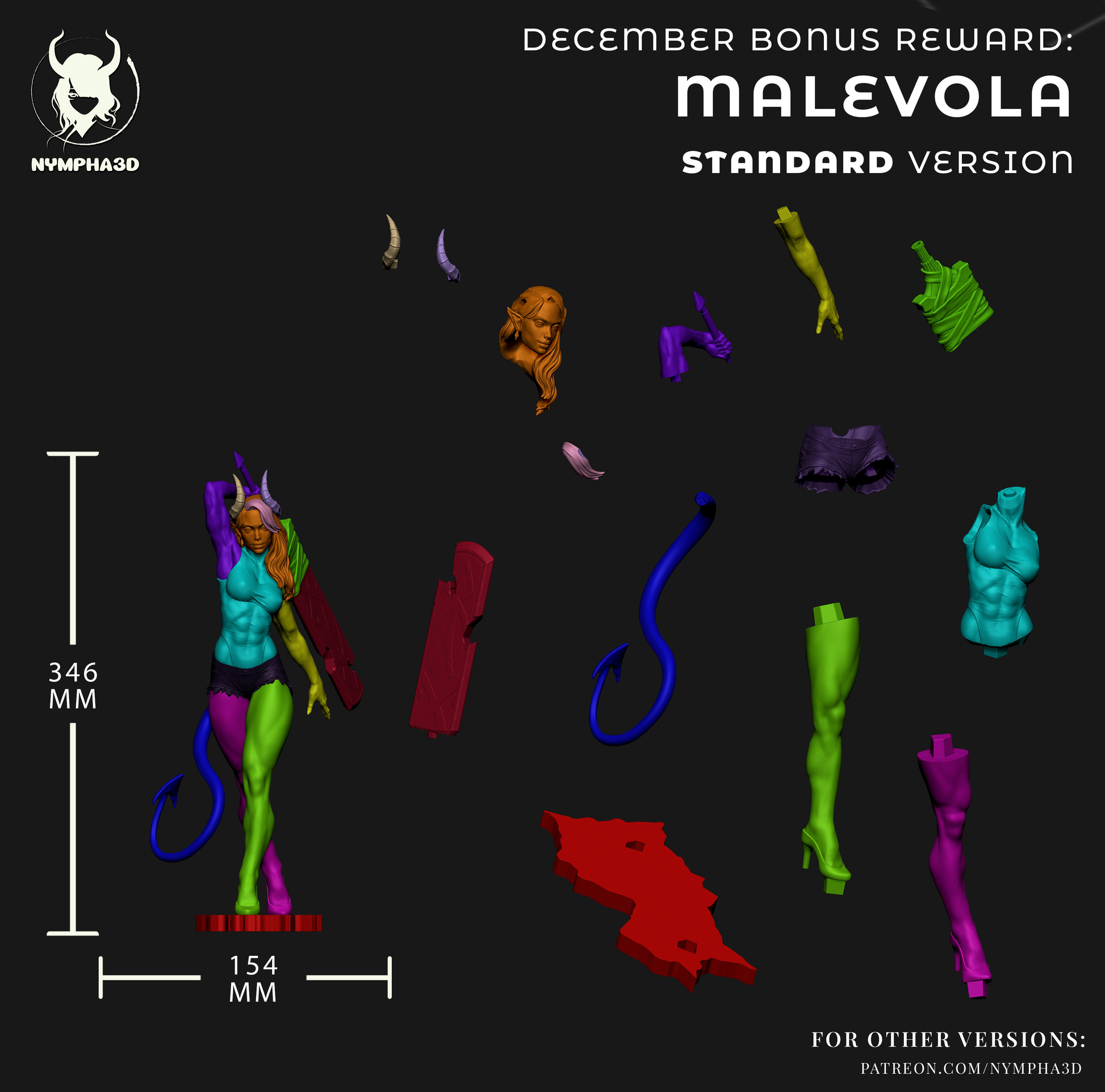 Malevola Dispatch standard version parts layout 3D print figure, half-demoness horns head options, separate torso legs tail sword base components, height 346mm width 154mm scale reference