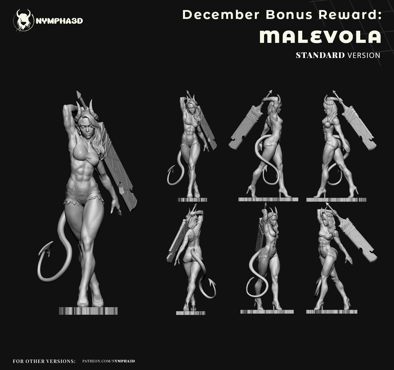 Malevola Dispatch standard version 3D print figure multi-angle view collage, half-demoness pinup pose with sword on shoulder, front side back angles, horned demon girl tail heels