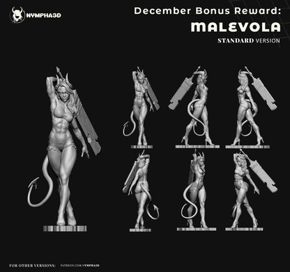 Malevola Dispatch standard version 3D print figure multi-angle view collage, half-demoness pinup pose with sword on shoulder, front side back angles, horned demon girl tail heels