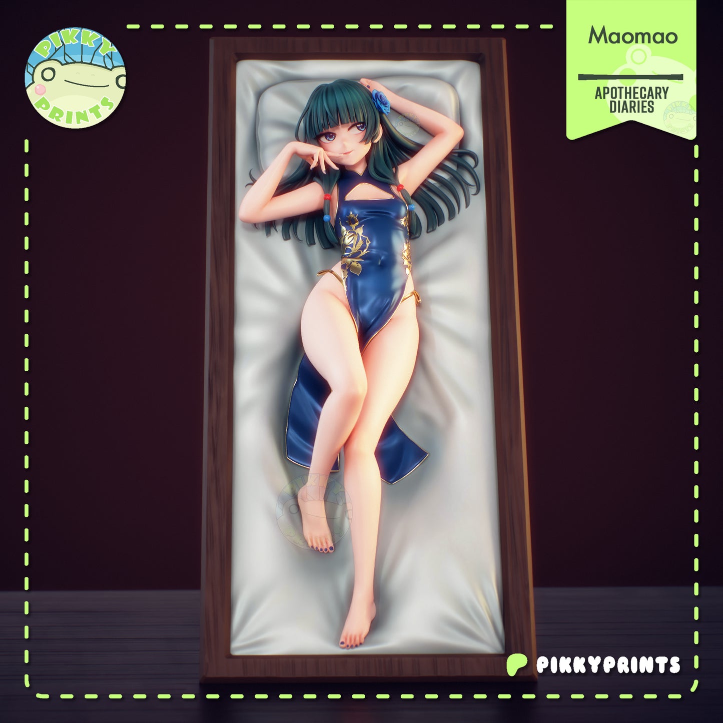Maomao Apothecary Diaries figure painted front view reclining pose with silk-inspired outfit