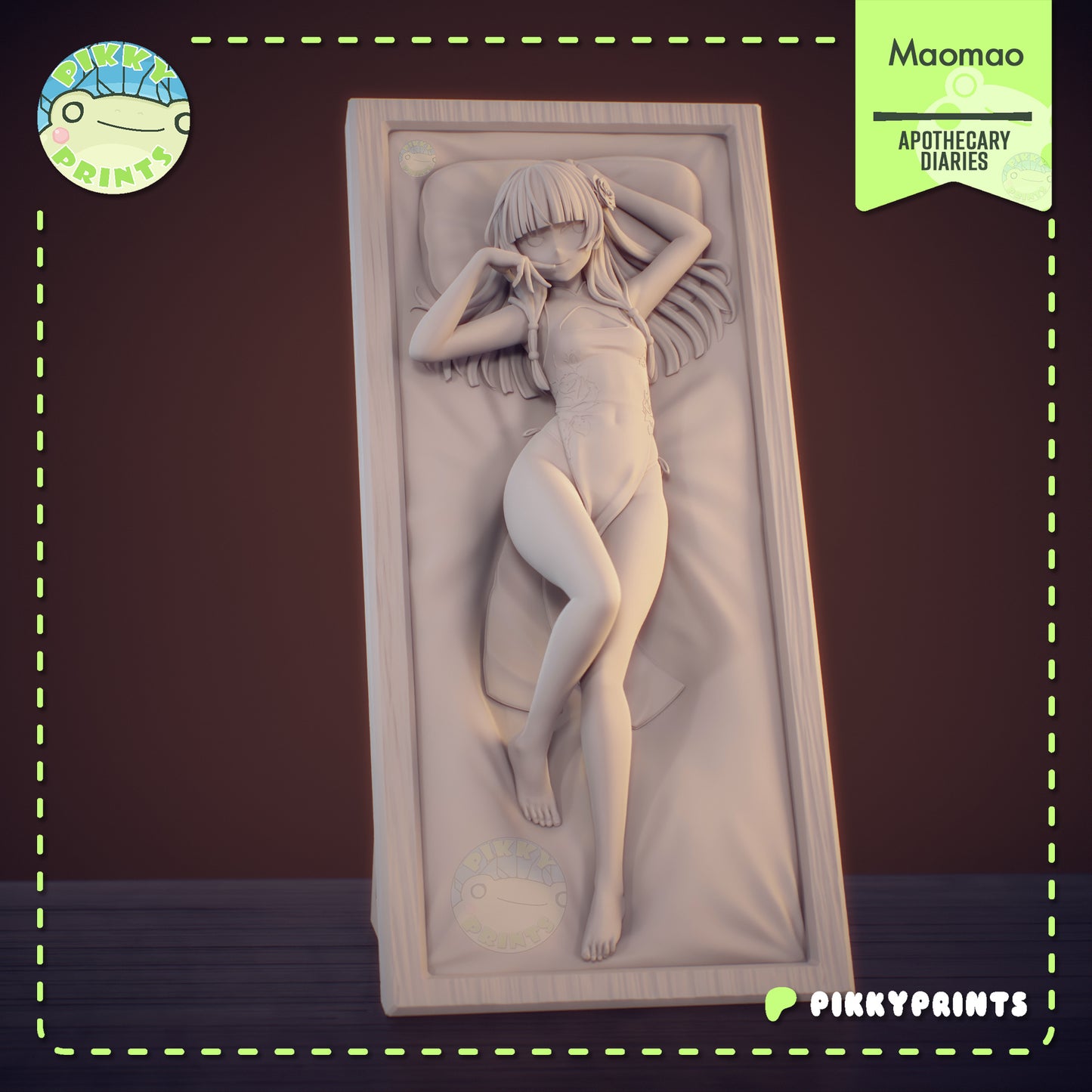 Maomao Apothecary Diaries figure unpainted grey front view reclining in framed bed display