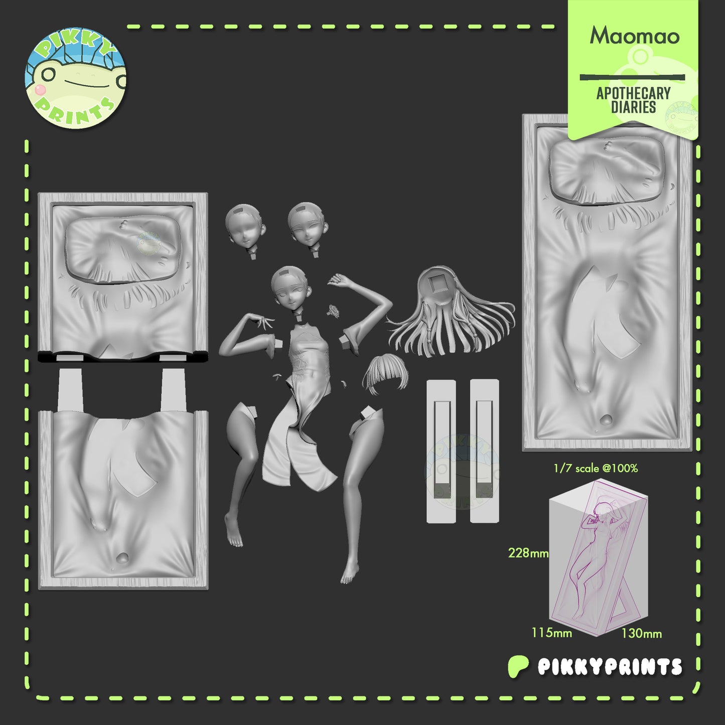 Maomao Apothecary Diaries figure parts layout showing modular body, heads, frame, and support pieces