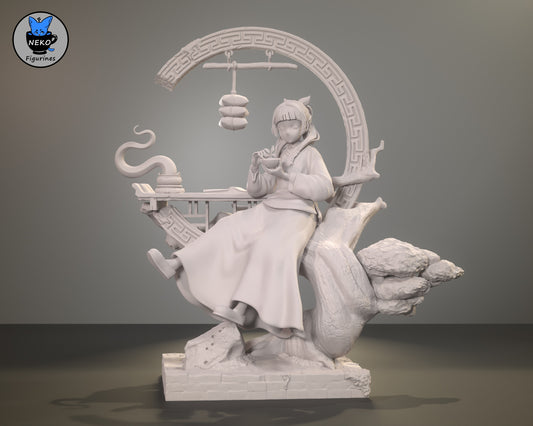 Maomao 1:8 scale figurine front view seated on tree branch with bowl, decorative arch, and table accessories.