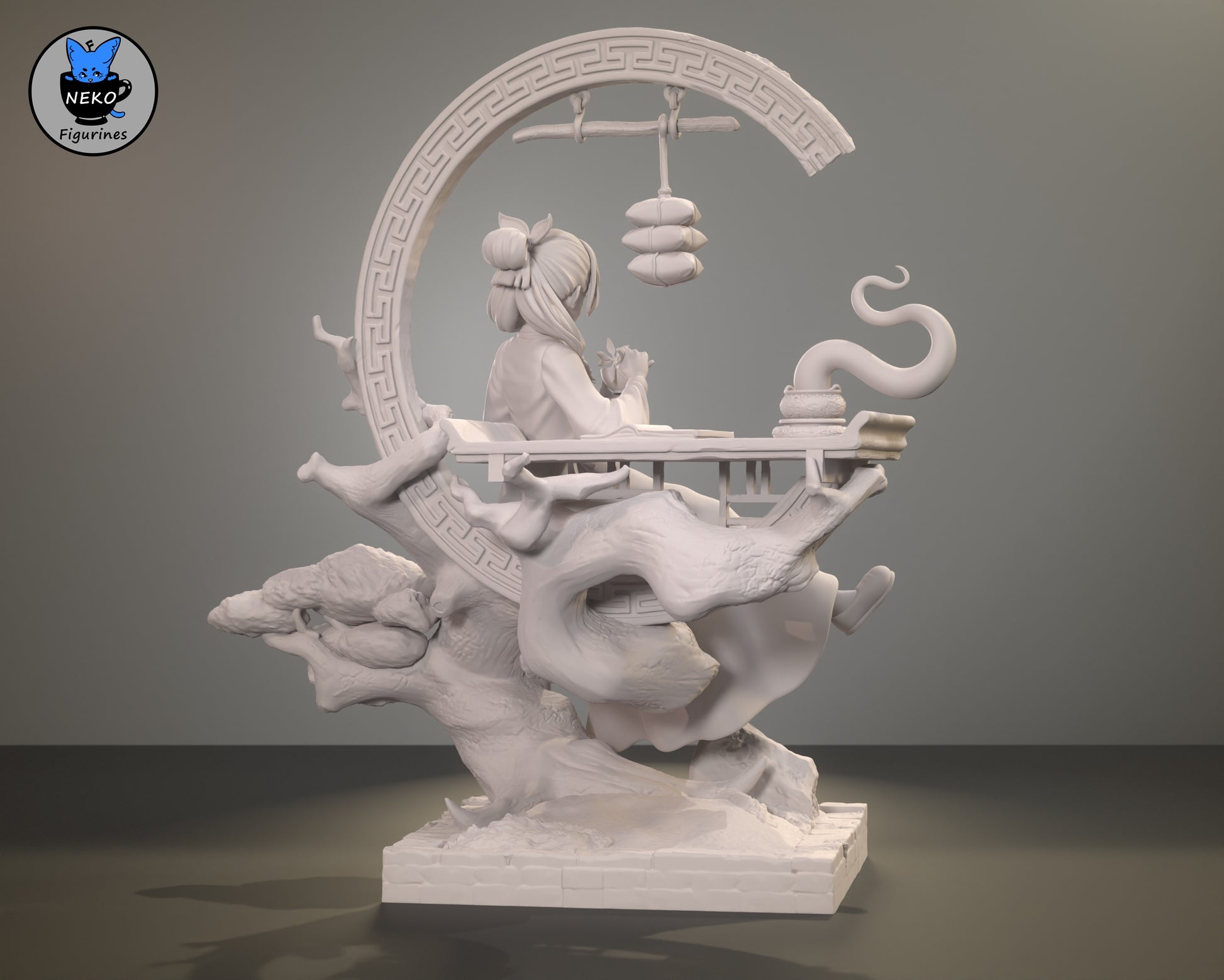 Maomao 1:8 scale figurine rear view showing flowing robes, arch design, and tree base.