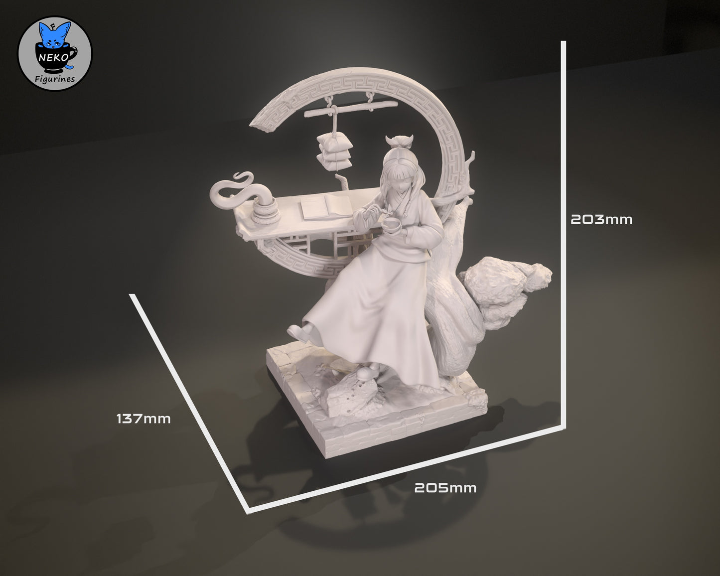 Maomao 1:8 scale figurine dimensions view with measurements 203mm height, 205mm width, and 137mm depth.