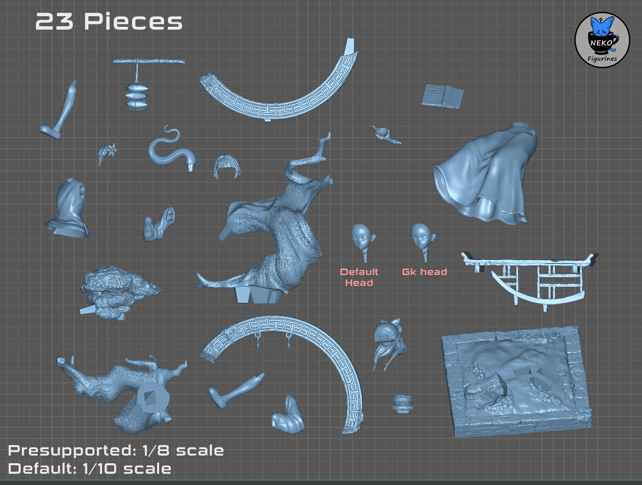 Maomao 1:8 scale figurine kit layout showing 23 modular pieces including alternate heads and detailed base parts.