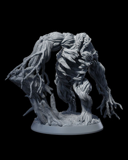 Full view of the Mapinguari, standing in a menacing pose with its vine-covered arms and body, rooted to a textured base.