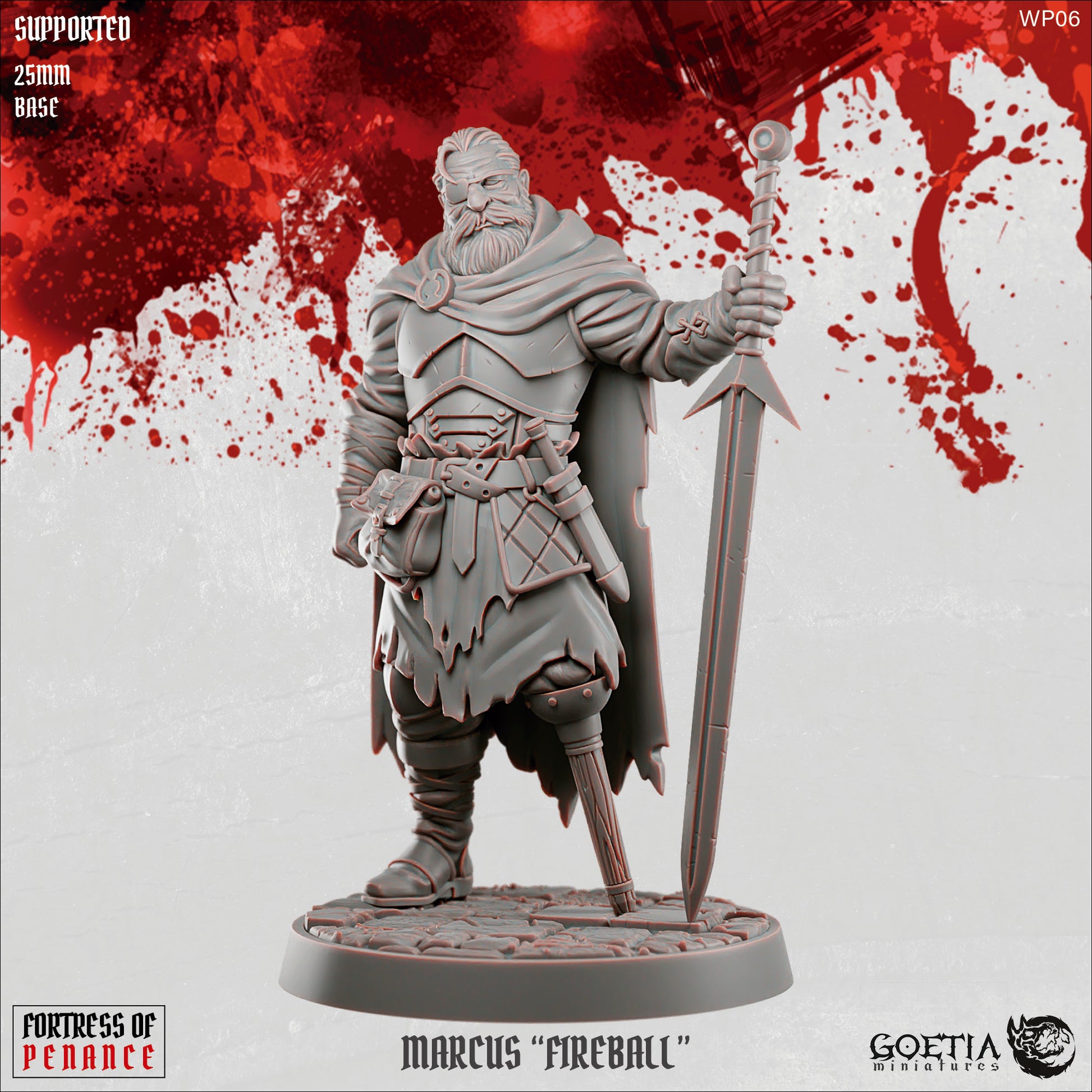 Marcus Fireball humanoid fighter miniature from Fortress of Penance wearing layered armor and a tattered cloak, holding a greatsword planted into the ground, bearded warrior posed on a cracked stone base, grimdark Dungeons and Dragons tabletop miniature