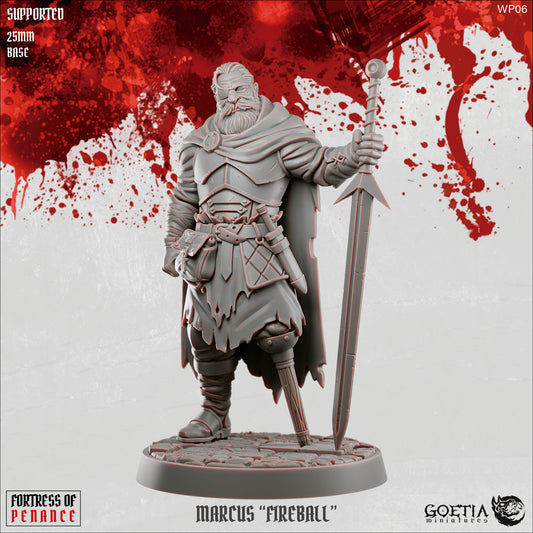 Marcus Fireball humanoid fighter miniature from Fortress of Penance wearing layered armor and a tattered cloak, holding a greatsword planted into the ground, bearded warrior posed on a cracked stone base, grimdark Dungeons and Dragons tabletop miniature