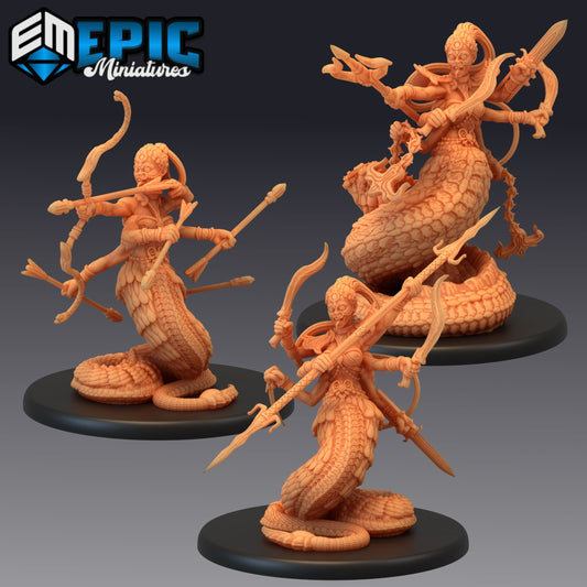 Group of Marilith demon figurines in various combat stances, each wielding different weapons, perfect for dark fantasy tabletop adventures like Dungeons & Dragons or Warhammer Fantasy.