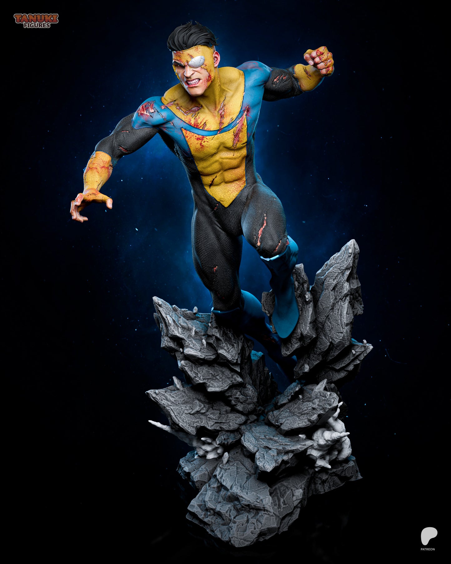 Mark Invincible 1:6 scale figure front view charging forward with battle-damaged suit and clenched fist