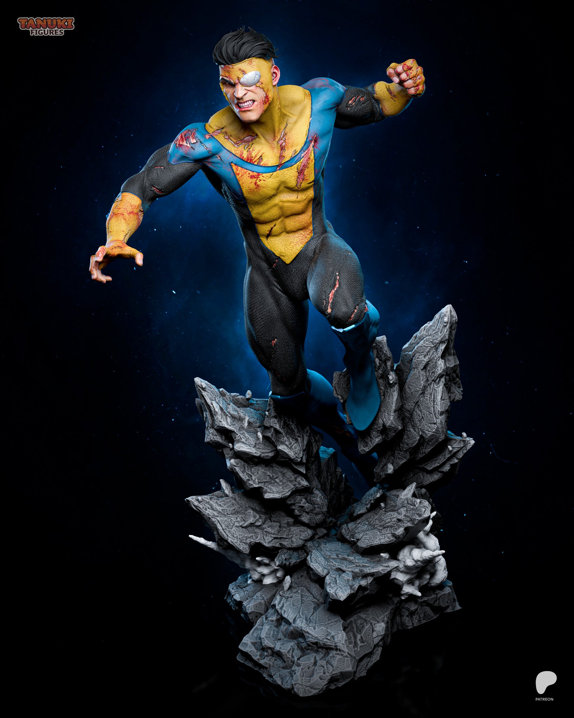 Mark Invincible 1:6 scale figure front view charging forward with battle-damaged suit and clenched fist