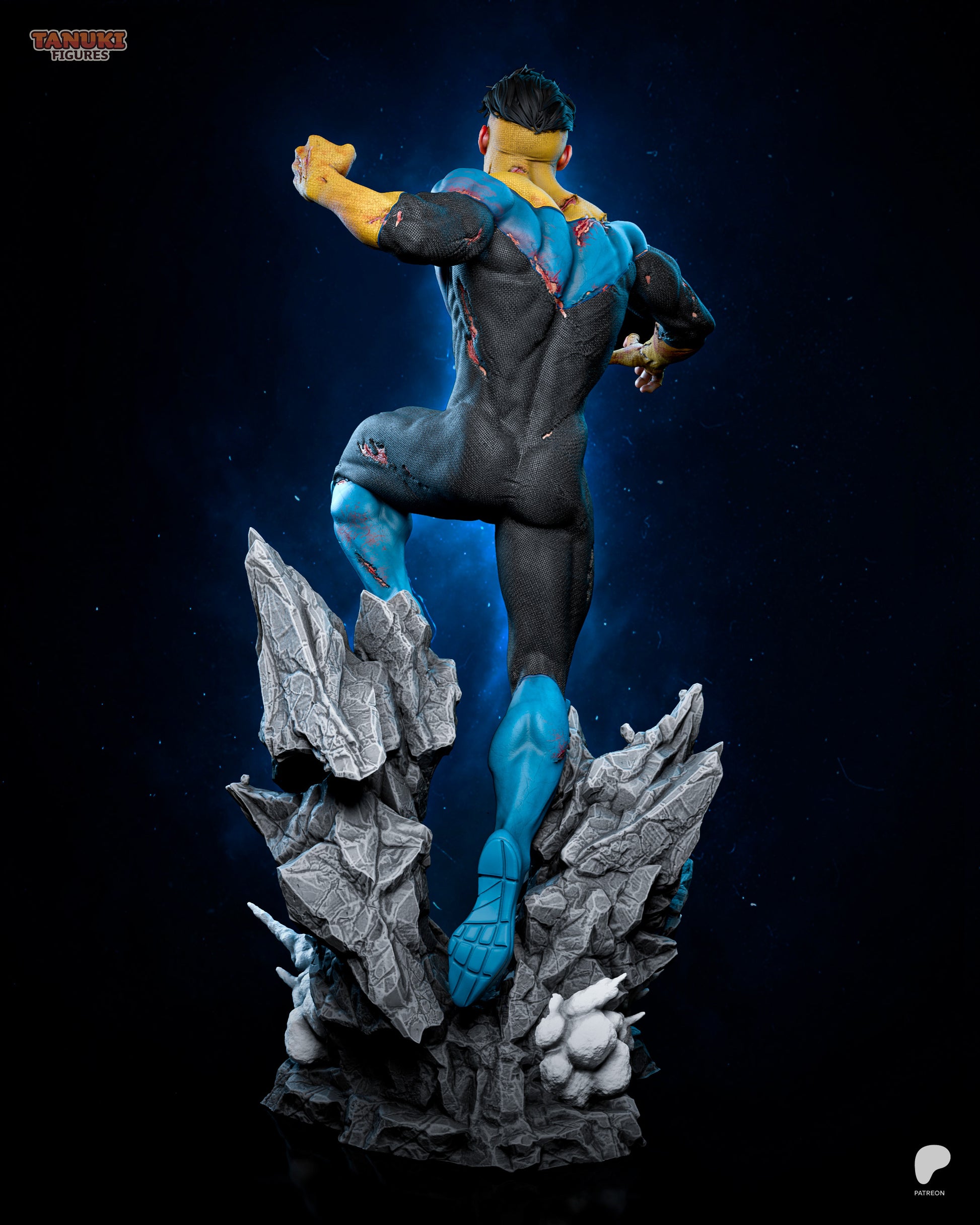 Mark Invincible 1:6 scale figure rear view showing torn suit details and dynamic rock base