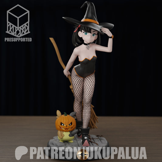 Marnie Pocket Monsters figure fully painted wearing witch outfit with broom and pumpkin creature companion – 1:7 scale SFW collectible figure.