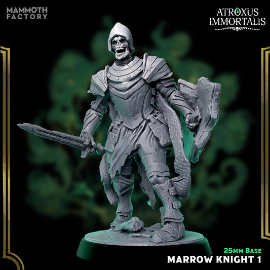 Marrow Knight 1 skeletal warrior miniature with sword raised and shield ready for RPGs