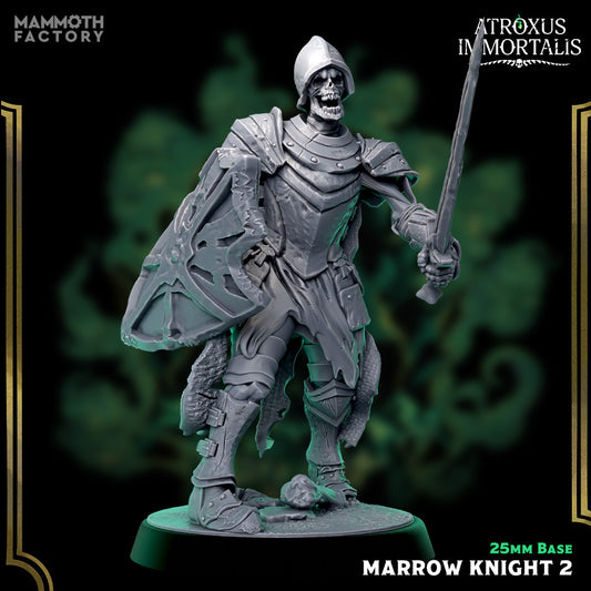Marrow Knight 2 undead skeleton knight miniature posed with shield and sword for tabletop games