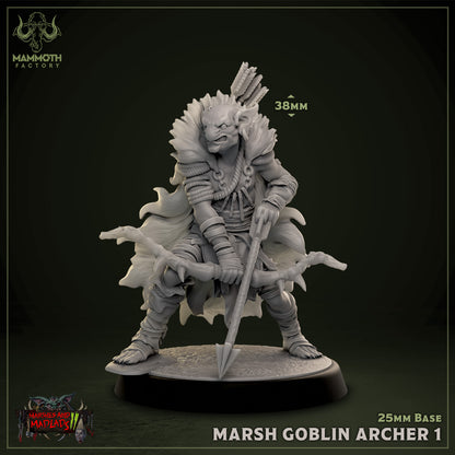 This marsh goblin archer miniature crouches low with a bow in hand, ready to shoot. It features intricate details like a fur-lined cloak and wooden armor, perfect for a sneaky ambush scenario in fantasy TTRPGs.