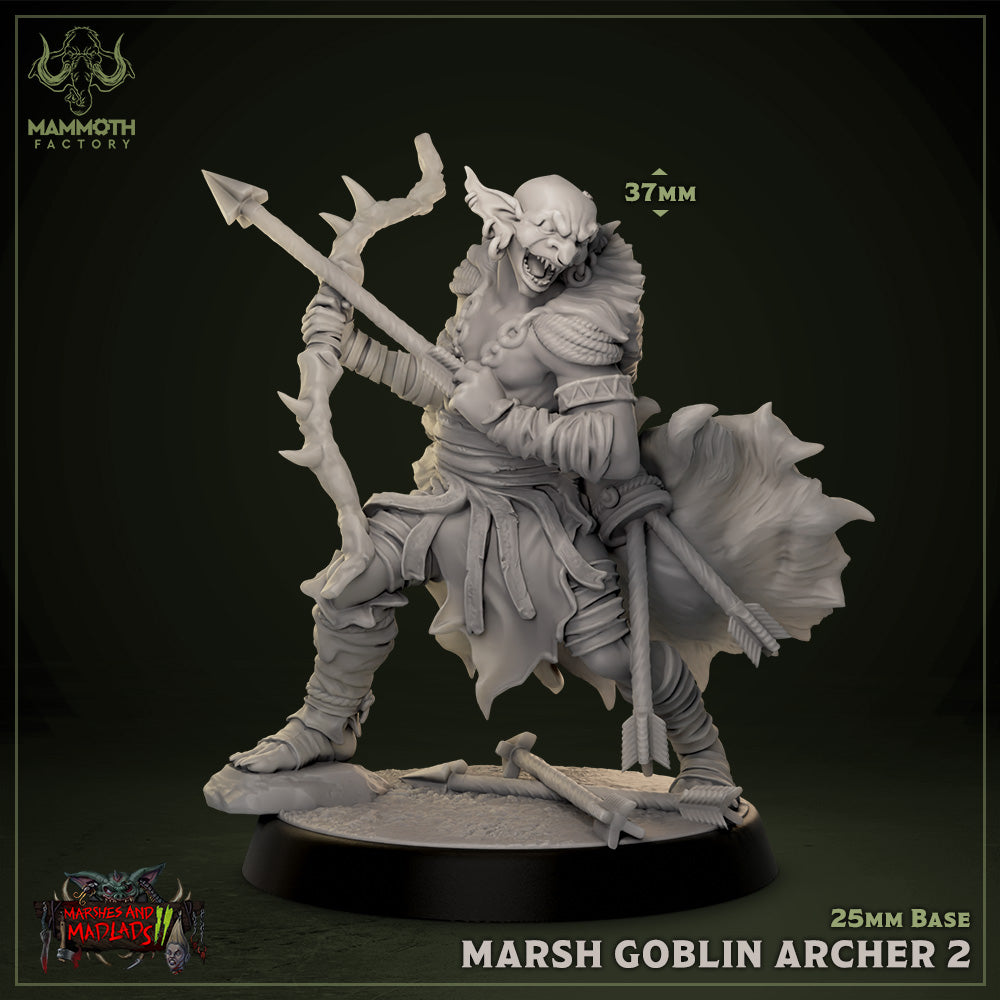 A fierce marsh goblin archer miniature wielding a curved bow. It is depicted mid-action, with a gnarled staff-like arrow drawn back, making it an excellent choice for RPG encounters in swampy or forested settings.