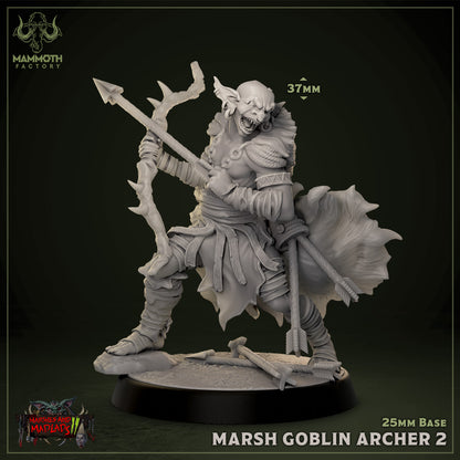 A fierce marsh goblin archer miniature wielding a curved bow. It is depicted mid-action, with a gnarled staff-like arrow drawn back, making it an excellent choice for RPG encounters in swampy or forested settings.