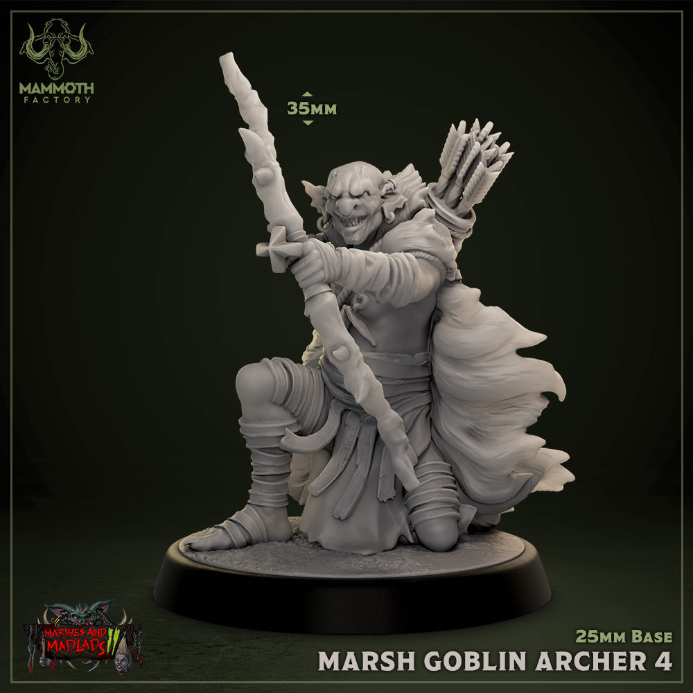 4: A kneeling marsh goblin archer miniature with a fierce expression. Equipped with a longbow and wearing a rugged, torn cloak, this goblin adds depth to goblin clans in fantasy tabletop role-playing games.