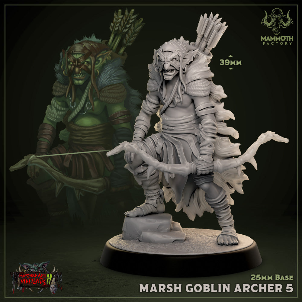 A fierce marsh goblin archer miniature with a battle-ready stance. The goblin is equipped with a primitive, curved bow and a quiver full of arrows on its back. It wears tattered armor and a rugged cloak, capturing the wild and unpredictable nature of goblin encounters in fantasy RPGs.