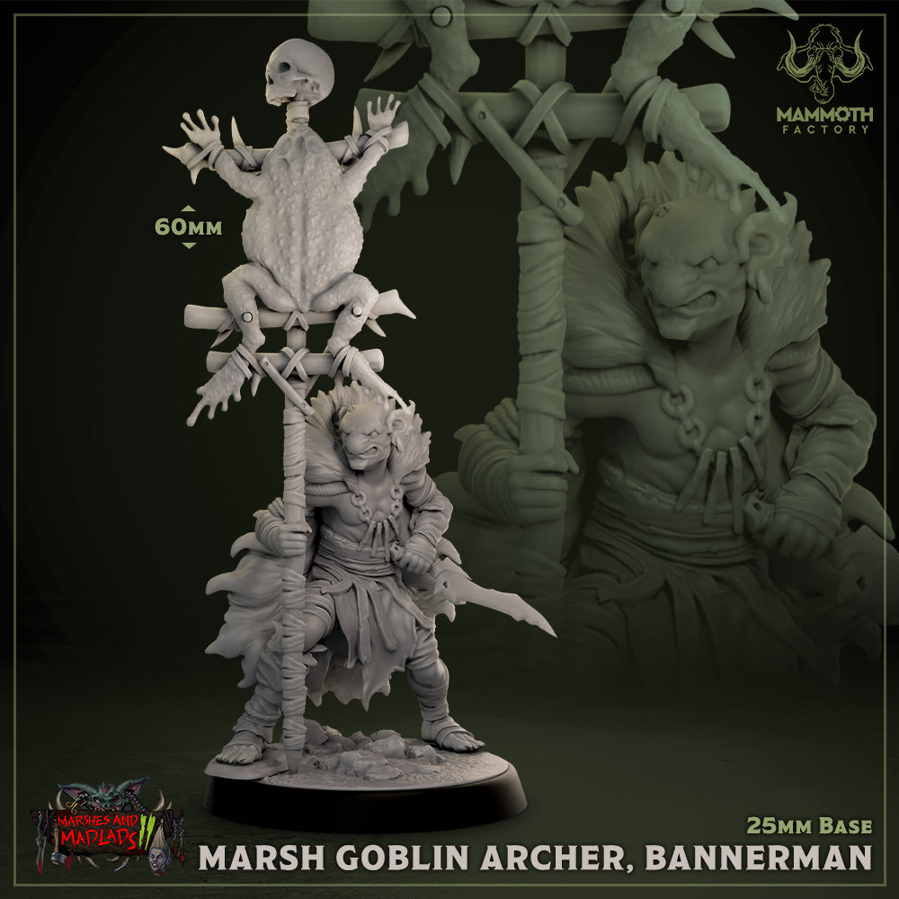 A marsh goblin bannerman miniature holding a towering banner topped with a giant frog corpse and skull. Dressed in ragged armor, this goblin has an aggressive stance and snarling expression, adding a unique element to tabletop games.