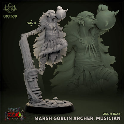 A dynamic marsh goblin miniature playing a frog as a make shift musical instrument, balancing on one leg on a twisted tree stump. The goblin's detailed armor and tattered cloak give it a wild and rugged appearance, fitting for fantasy RPGs.