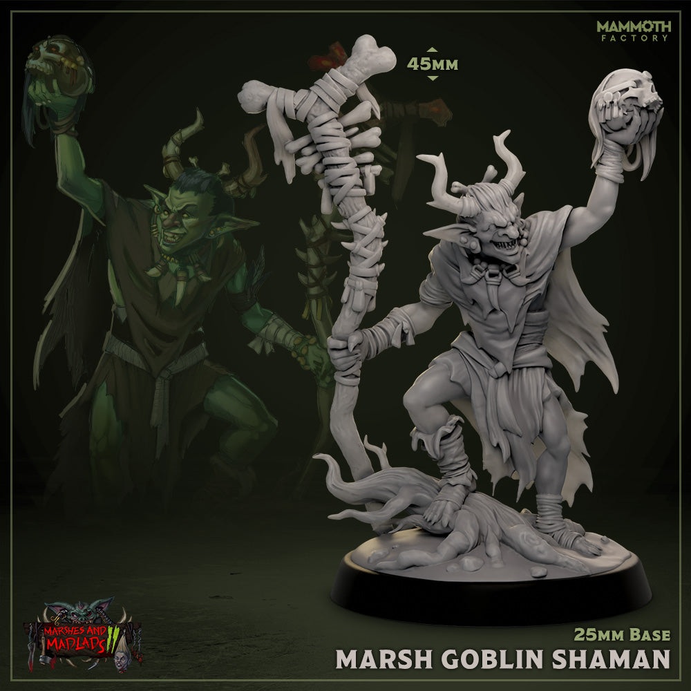 This marsh goblin shaman miniature holds a large, twisted staff adorned with bones. Its outstretched arm and feral expression evoke a sense of primal magic, perfect for adding shamanistic flavor to fantasy TTRPG sessions.