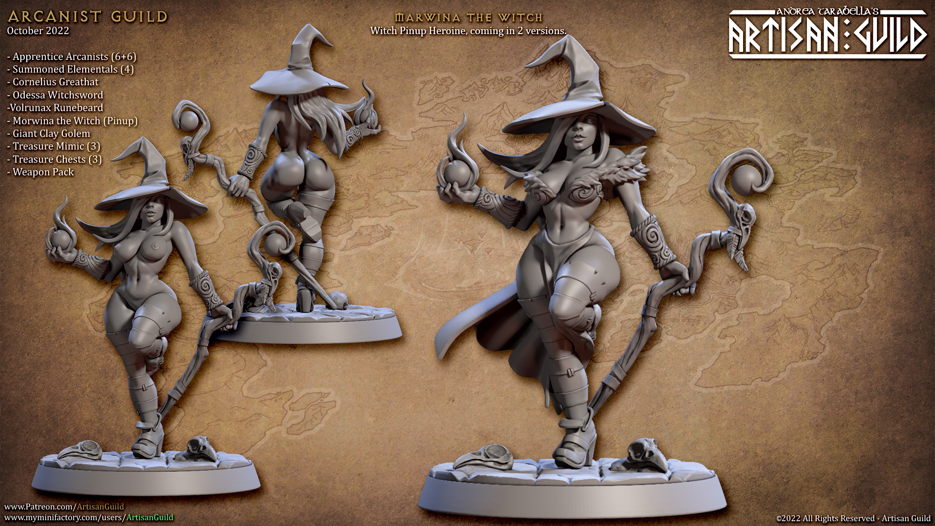 Female human witch pinup miniature with long hair, wide brimmed hat, ornate staff in right hand, orb in left hand, standing on a detailed base with skulls, wearing partial armor and revealing clothing, suitable for fantasy TTRPGs like Pathfinder and DnD 5e