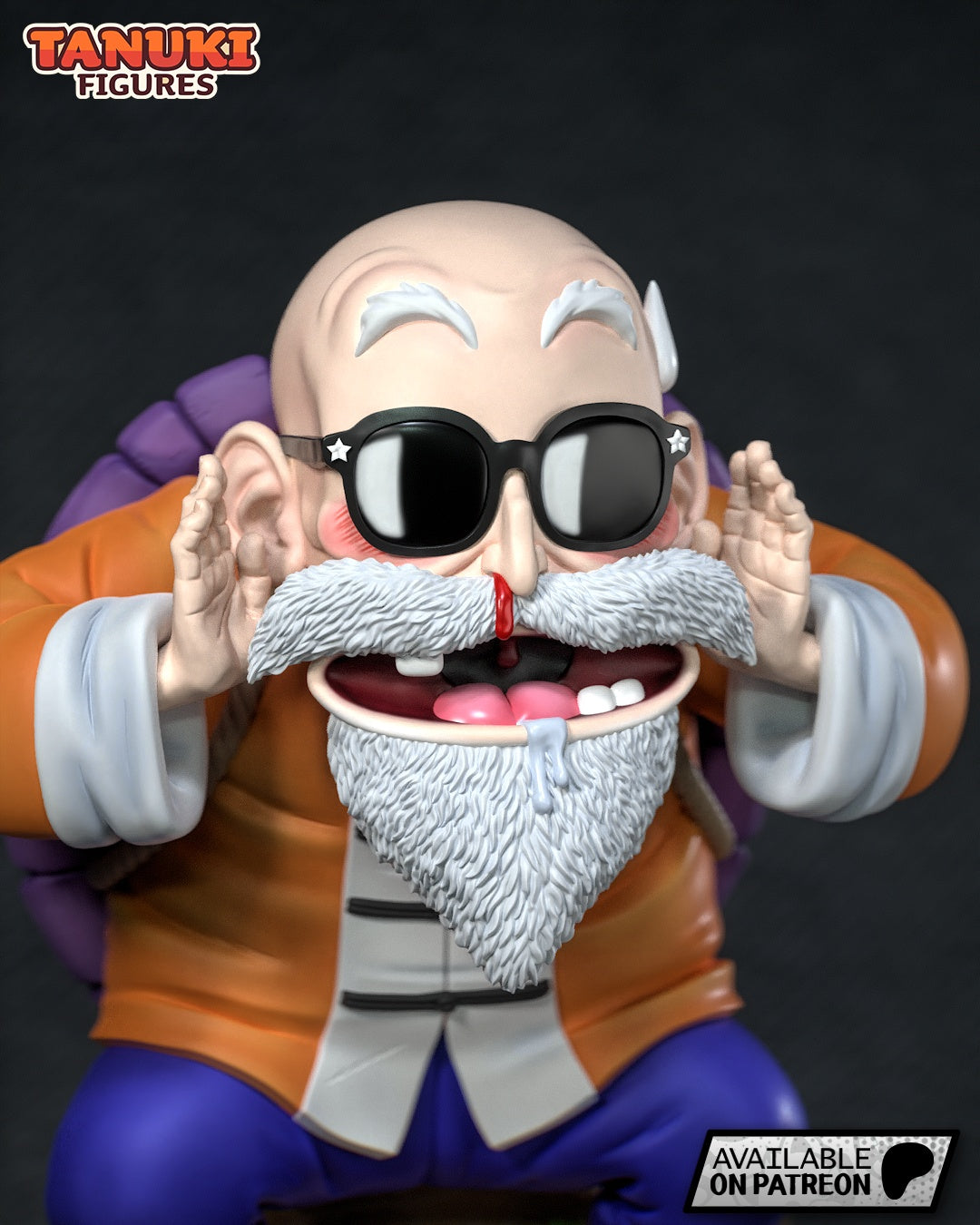 Close-up of colored render of Chibi Master Kame figure with star sunglasses, nosebleed, and tongue out in a playful expression.