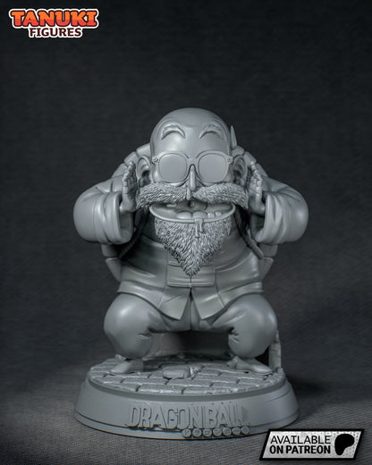 Front view of unpainted Chibi Master Roshi figure crouched with hands raised near ears, sunglasses on, standing on a Dragon Ball-themed base.