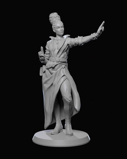 Miniature of Maileen Trivana, a female human monk with a high bun, wearing a long robe and striking a dynamic pose, perfect for TTRPG games like Dungeons & Dragons or Pathfinder.