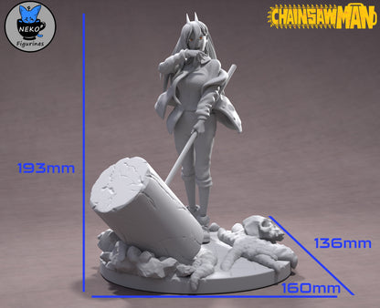 Power Chainsaw Man 1:7 scale figure with giant hammer, standing on a demon corpse base, shown with height and base dimensions.