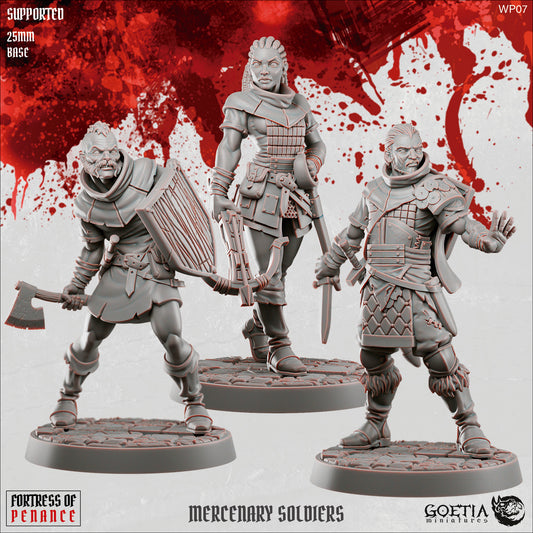 Mercenary Soldiers group miniature image from Fortress of Penance showing three humanoid fighter enforcers serving the cults of Ivrean, Mashta, and Miana, armed with axe and shield, crossbow, and sword, standing on cracked stone bases, grimdark Dungeons and Dragons tabletop miniatures