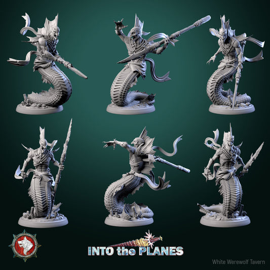 Group of Merfolk miniatures with spears and serpent tails fantasy TTRPG set