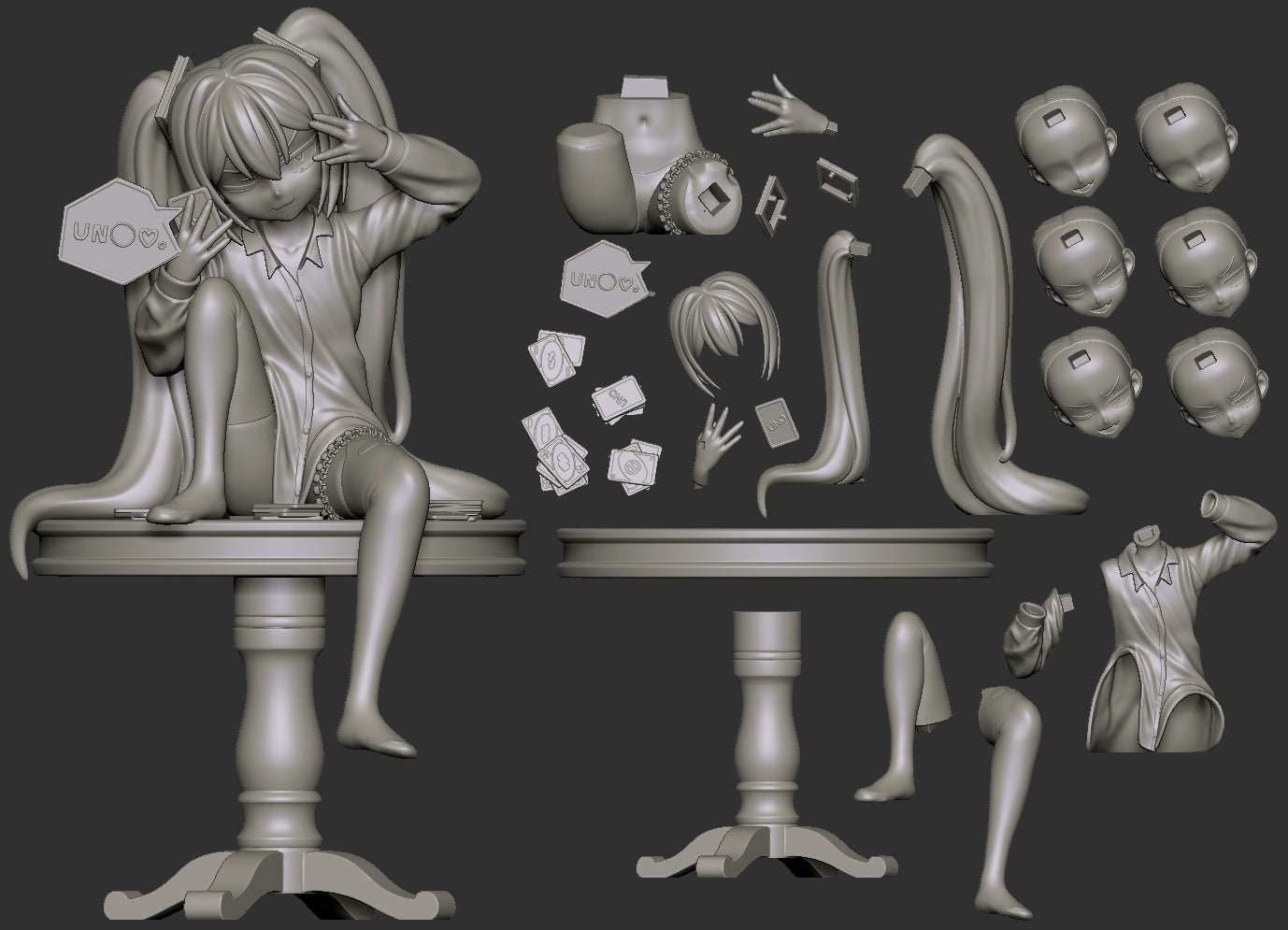 Mimukauwa Miku VTuber collectible figure parts layout including hair, faceplates, cards, and table – 1:8 scale