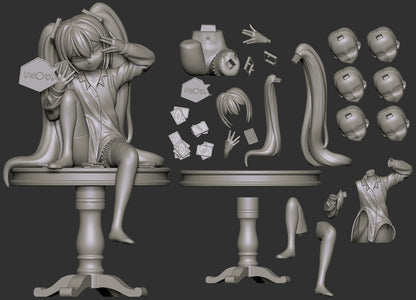 Mimukauwa Miku VTuber collectible figure parts layout including hair, faceplates, cards, and table – 1:8 scale