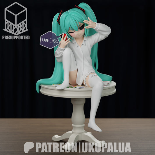 Mimukauwa Miku VTuber collectible figure colored render holding UNO card and sitting on table – 1:8 scale