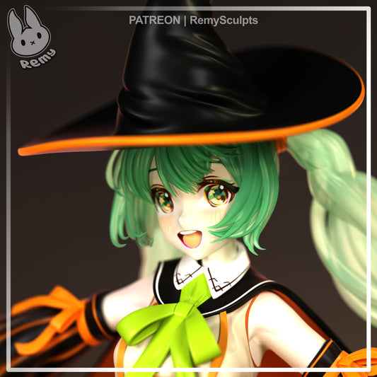 pumpkin miku vtuber 1:7 scale figure close up face witch hat green hair anime collectible