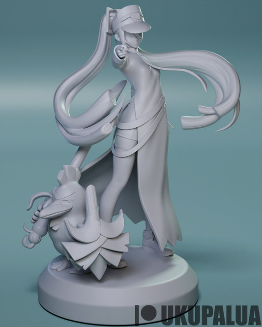 Front view grayscale STL of Hatsune Miku pointing with SirFetch’d posed ready for battle, long flowing hair and coat