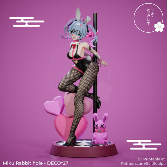 Colored render of Rabbit Hole Miku vTuber figure in black bunny suit with pink accents, detailed fishnets, posed playfully on hearts with bunny mascot and pole.